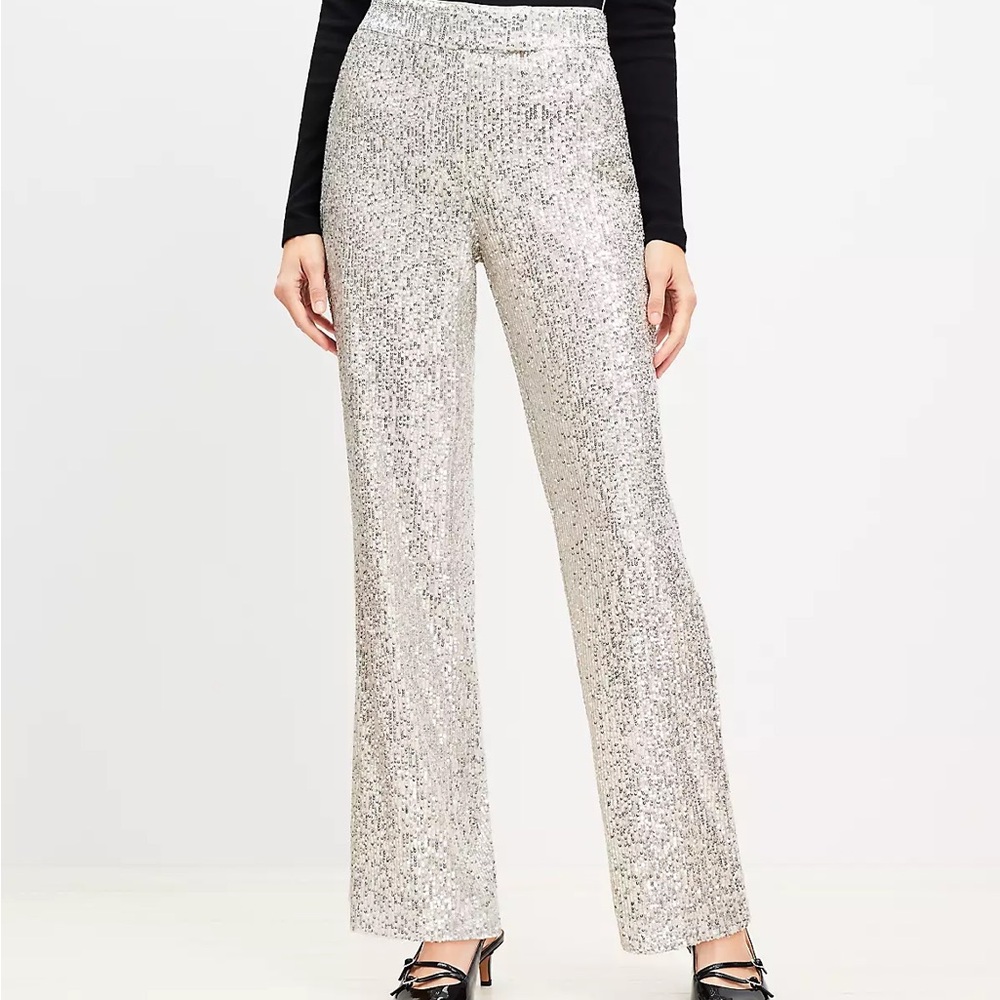 LOFT Silver Sequin Straight Leg Pants